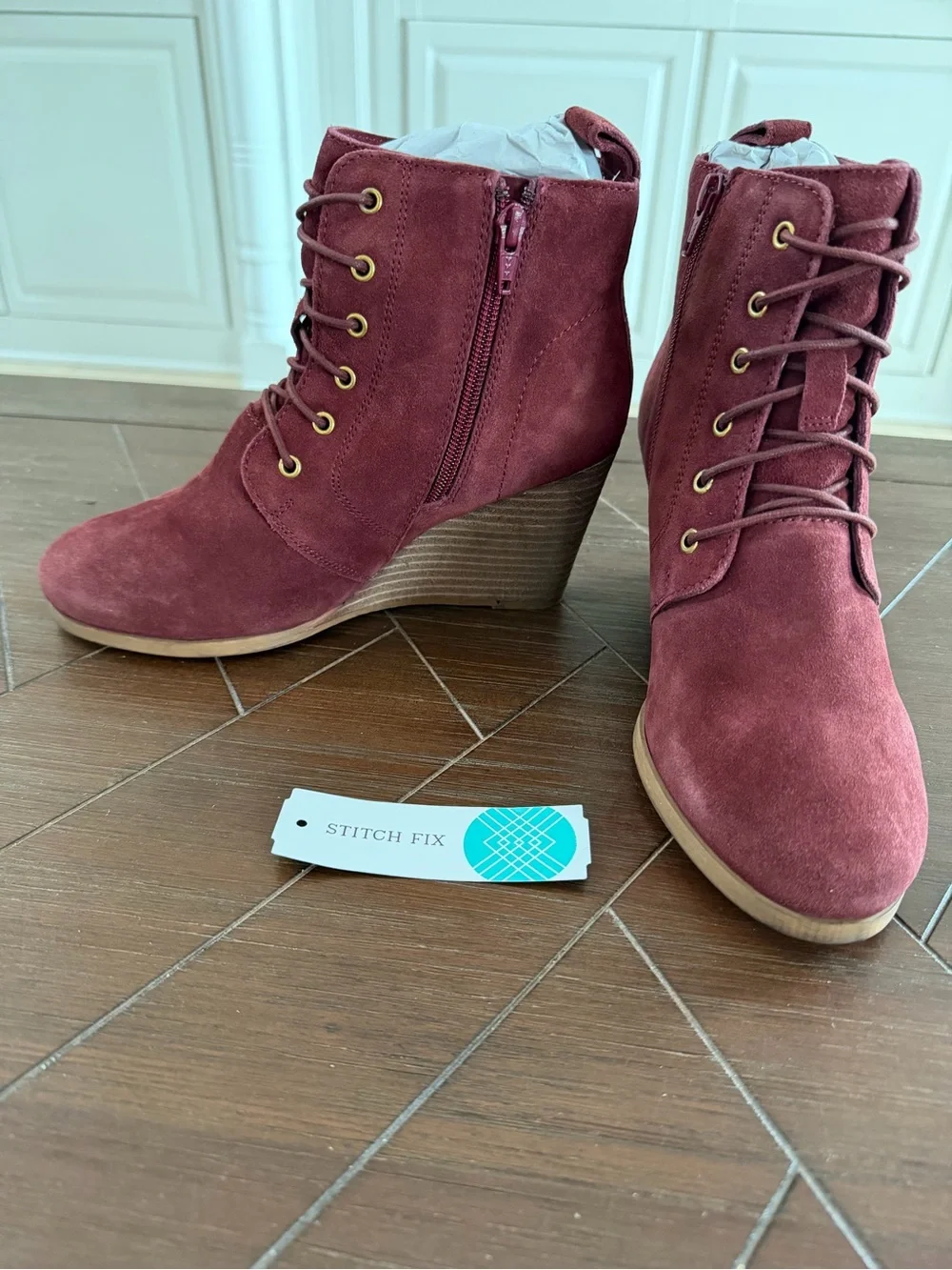 Diba Blake Burgundy Suede Lace Up Wedge Booties Size 8